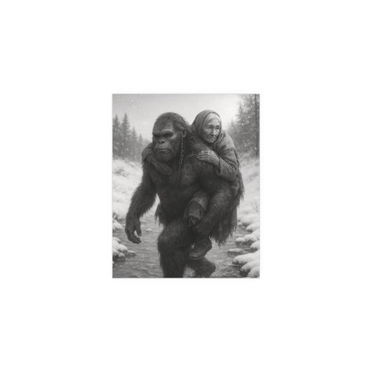 Silk Poster - Sasquatch Carrying Elderly Native Woman Across Winter Icy River Black and White