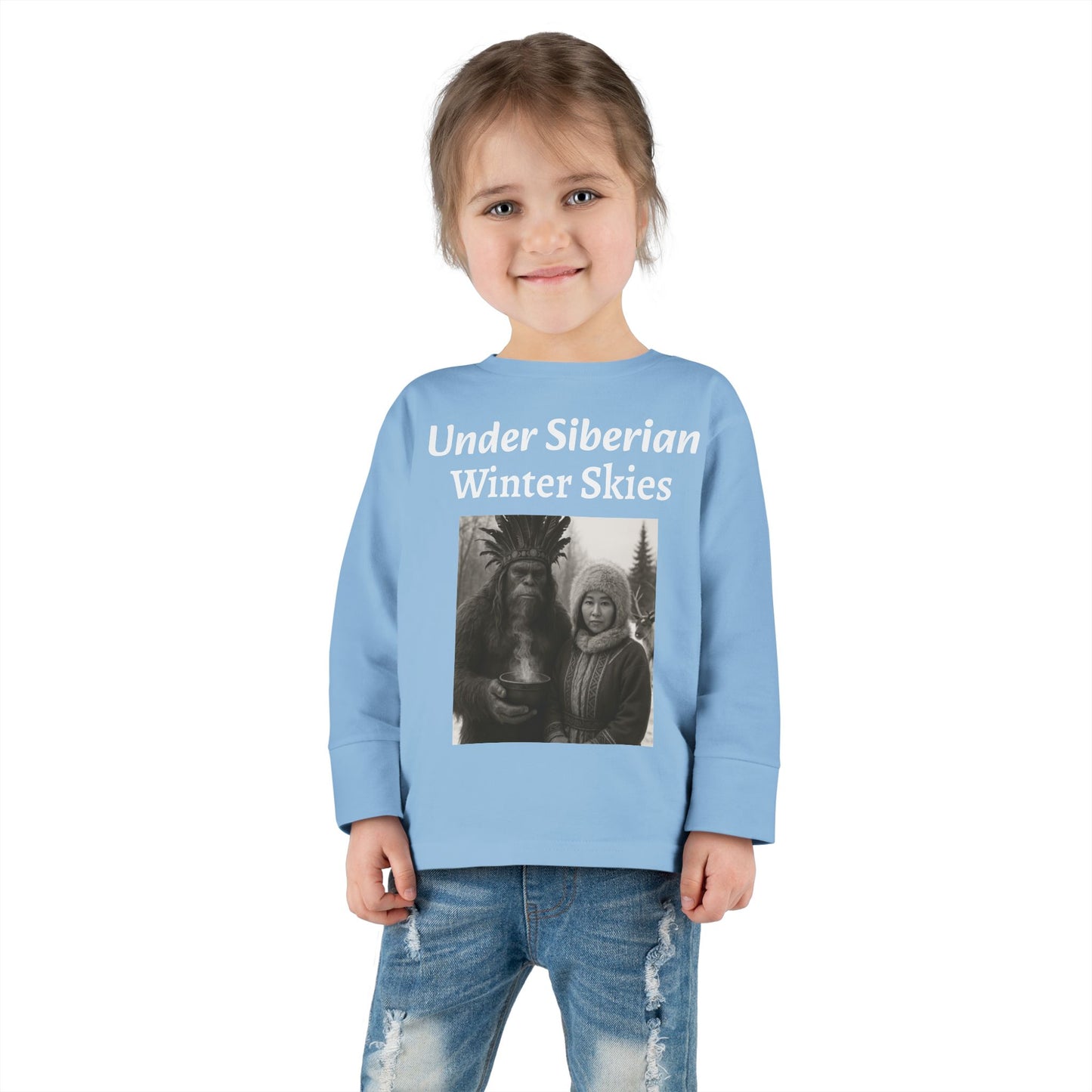Toddler Long Sleeve Tee - Sasquatch Shaman and Native Siberian Women in Snow Design