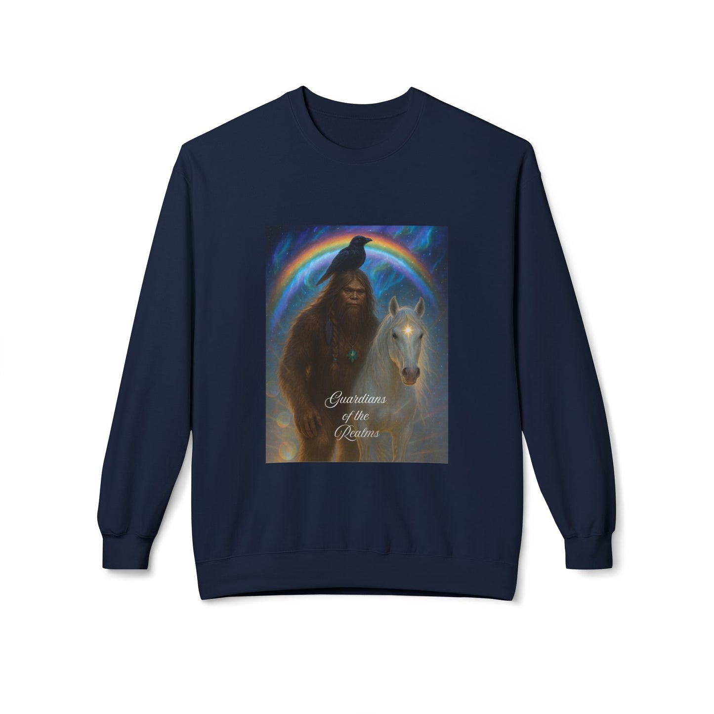 Sasquatch Guardian & White Horse Crewneck — Mystical Aurora Protector Sweatshirt