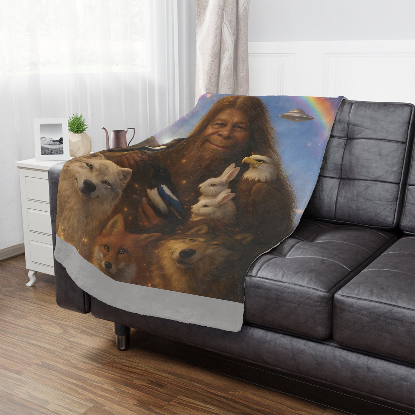 Minky Blanket — Whimsical Forest Guardian Print with Wolves, Fox, Rabbits & Rainbow UFO